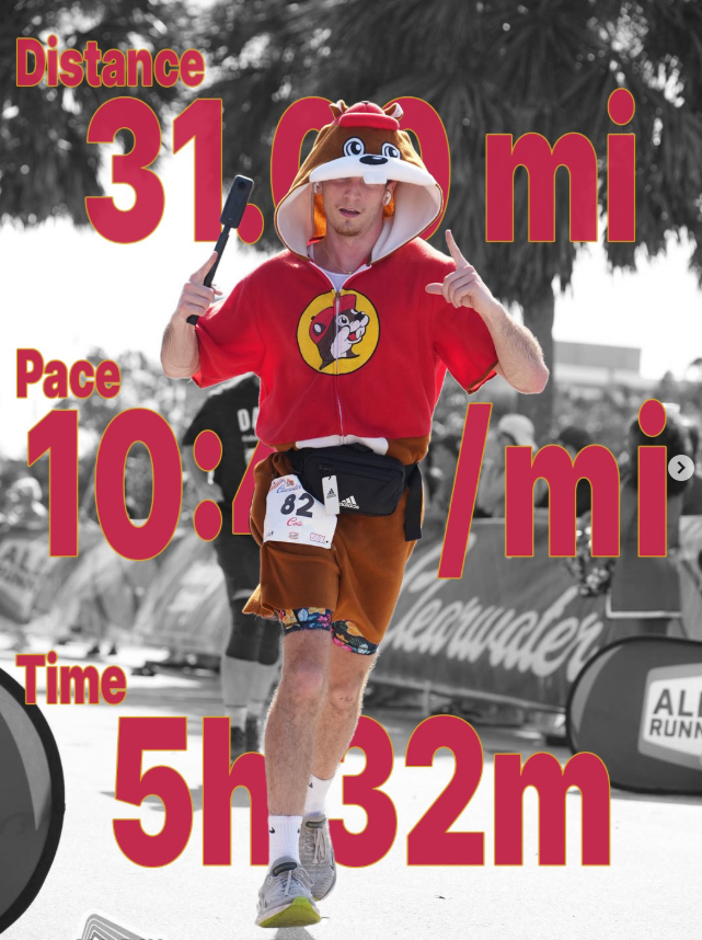 Cole Blanco mid-race in a Buc-ee's beaver costume, finishing a 31-mile ultra in 5 hours 32 minutes