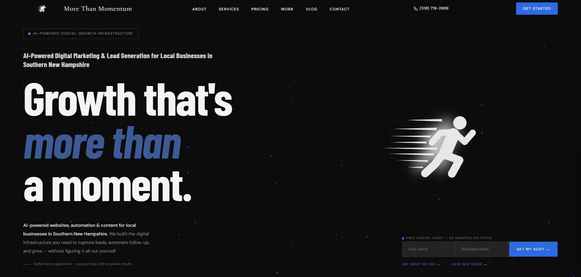 MoreThanMomentum homepage — dark hero reading 'Growth that's more than a moment', designed and built by Cole Blanco